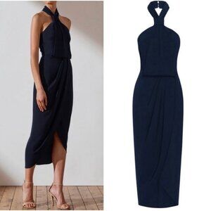 Shona Joy Core Knot  Navy Halter-Neck Midi Dress AUS 8 Sleeveless  Draped Silhou